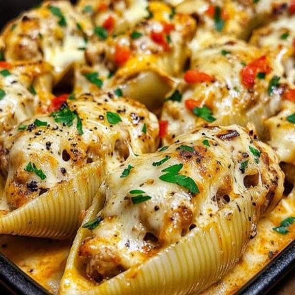 a dish of pasta shells with cheese and sauce