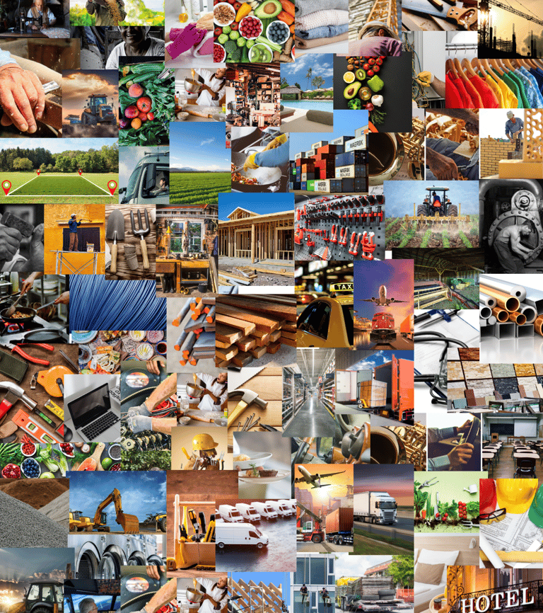 Collage of images with construction equipment, symbolizing infrastructure and resources