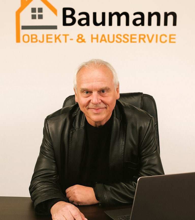 Seniorchef Herr Baumann von Baumann Objekt- & Hausservice sitzt am Schreibtisch