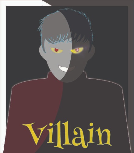 a man in a black suit and red shirt with the words villain in the middle