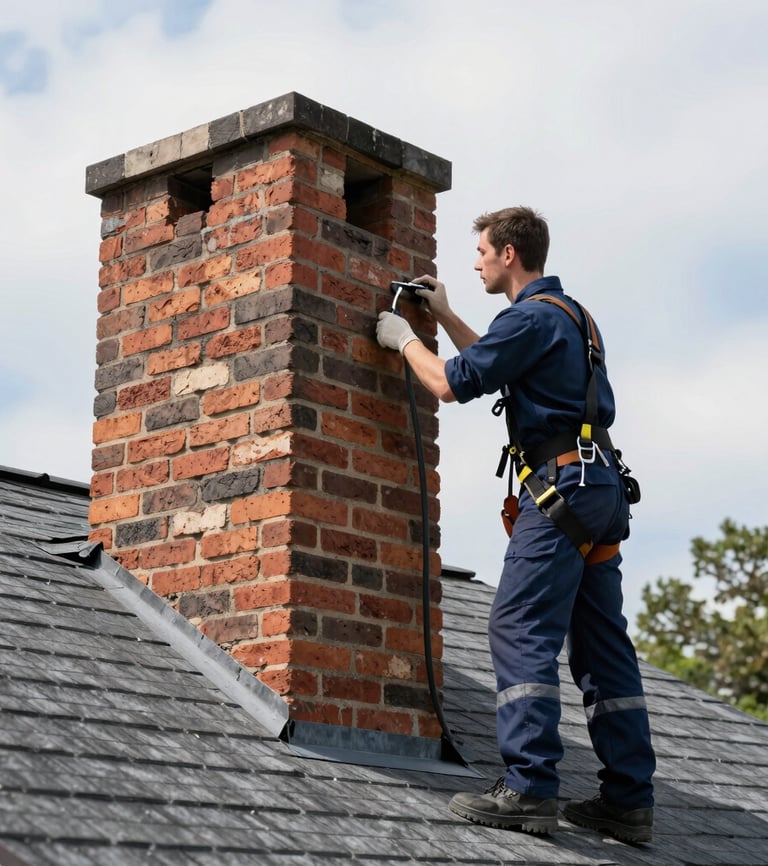 Professional chimney technician in clean uniform inspecting a brick chimney on a residential roof, proper safety harness visible, focused on hands and tools, high-contrast New England daylight, 35mm.