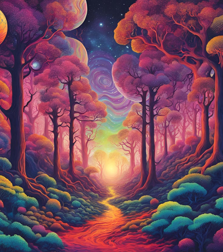 a painting of a path leading to a forest