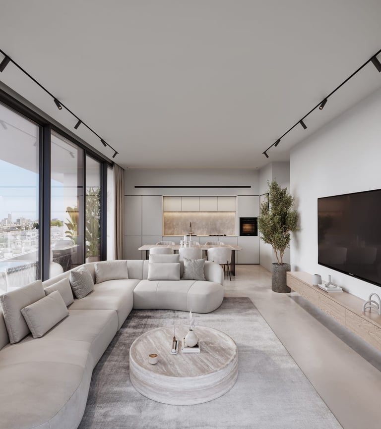 Open-plan living and dining area with panoramic city view at Lev Limassol