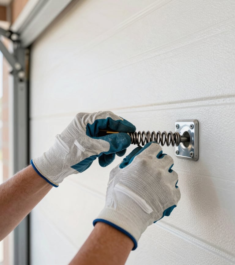 Close-up of professional hands wearing work gloves, carefully replacing a torsion spring on a garage door, specialized tools visible, bright garage interior lighting, crisp focus.