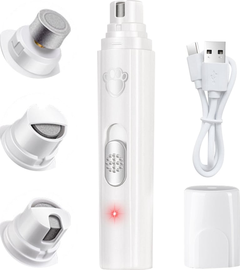 Witte draadloze Nuvance elektrische nagelvijl voor honden en katten met verschillende opzetstukken e