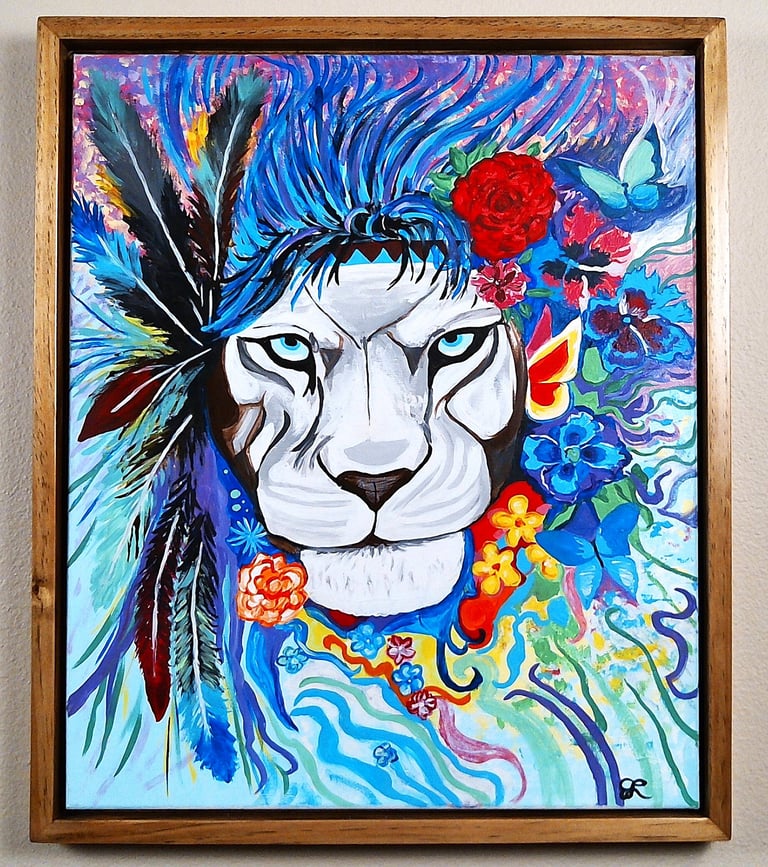 a painting of a lioness with a flower in her hair. 20" x 24" canvas.