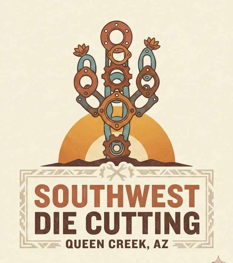 Vintage Southwest Die Cutting logo featuring a metal gear cactus over a desert sun in Queen Creek, AZ.