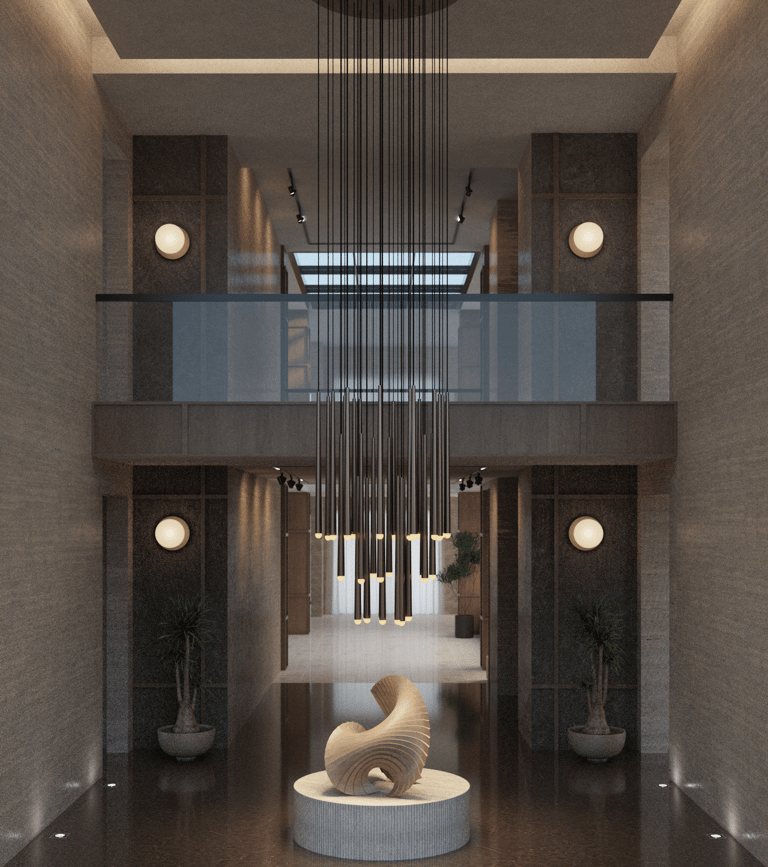 Luxury foyer with sculptural elements designed by Moori Interiors