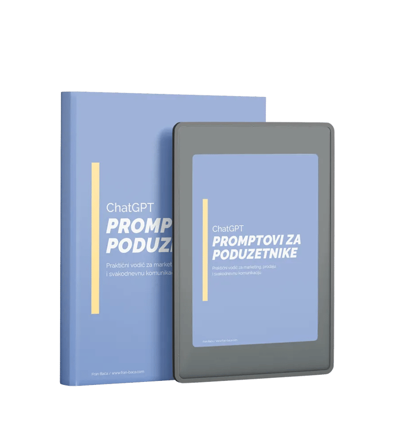 ChatGPT promptovi za male poduzetnike – ebook vodič prikazan na tabletu i kao knjiga, za marketing, prodaju i komunikaciju