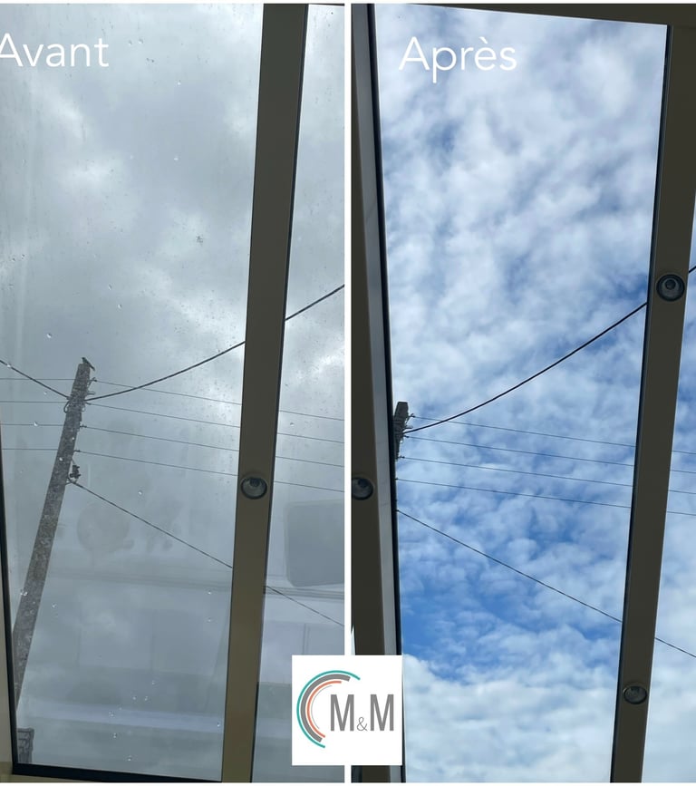 avant - après nettoyage de véranda vitrée par m&m services pro rouen