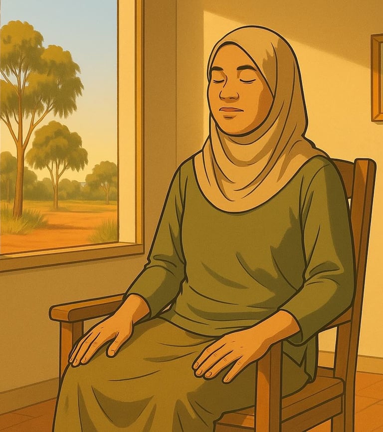 Malay woman sitting on chair indoors in Robinvale, eyes closed, gum trees outside, warm sunlight, peaceful expression.