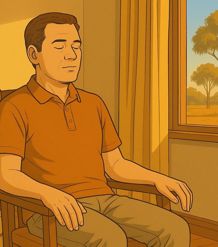 Man practising PMR sitting on a chair indoors, warm morning light, gum trees outside, calm face and relaxed posture.