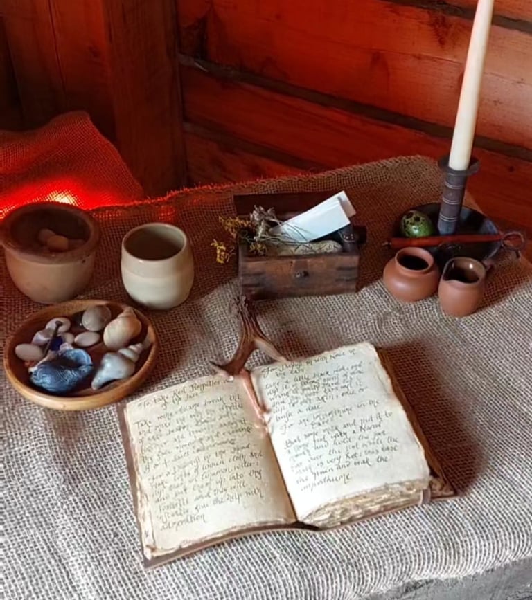 a table with bowls and pots and an old-fashioned handwritten book 