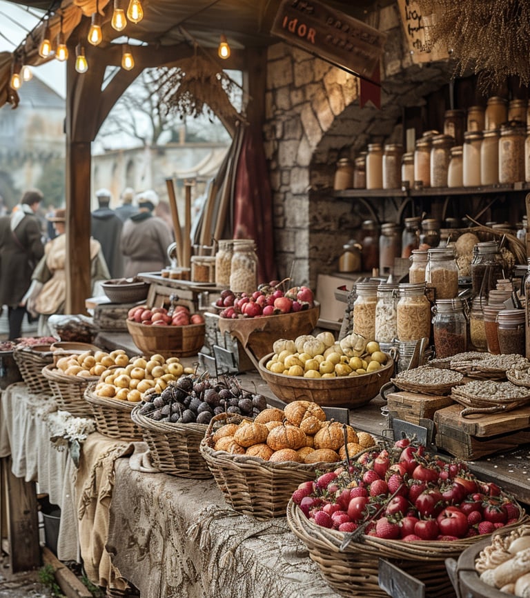 Un présentoir de marché alimentaire style époque médiéval.
