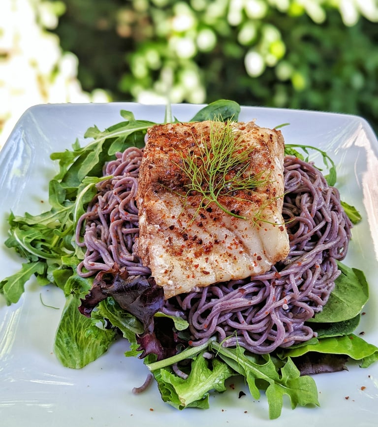 Sous Vide Wild Cod, Purple Sweet Potato Noodles & Greens. gluten-free dairy-free healthy tualatin
