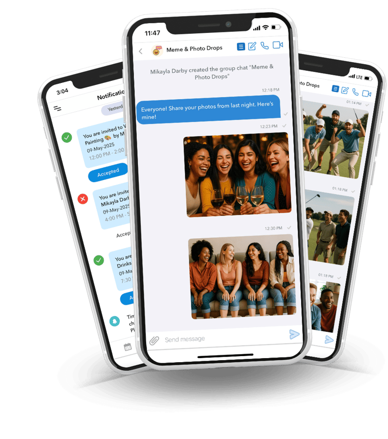 three mobile phones with screenshots of sameteam app. Has chats, photo sharing, invites, RSVPs.