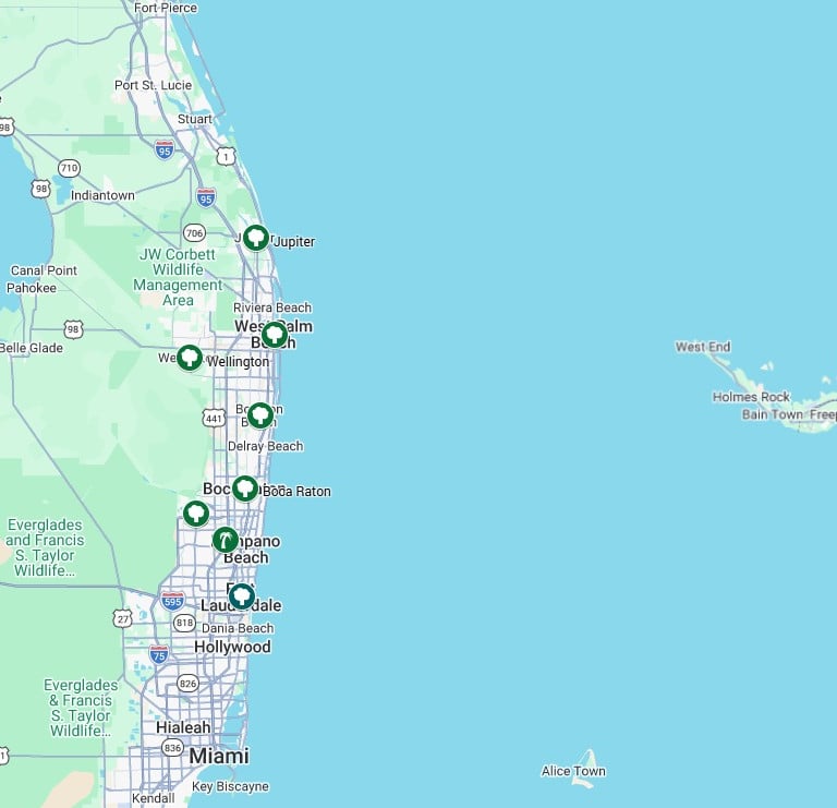Map of South Florida showing coastal cities from Jupiter to Miami with green destination markers.
