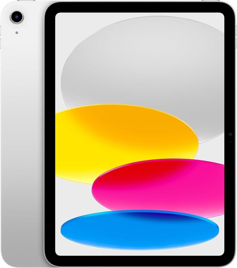 Front and back view of a silver Apple iPad 10th generation with a colorful abstract wallpaper.