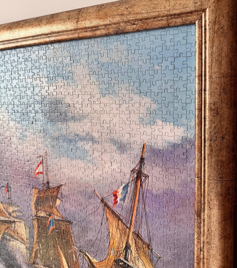 Close-up of Eino's puzzle art, a unique piece of living room wall decor