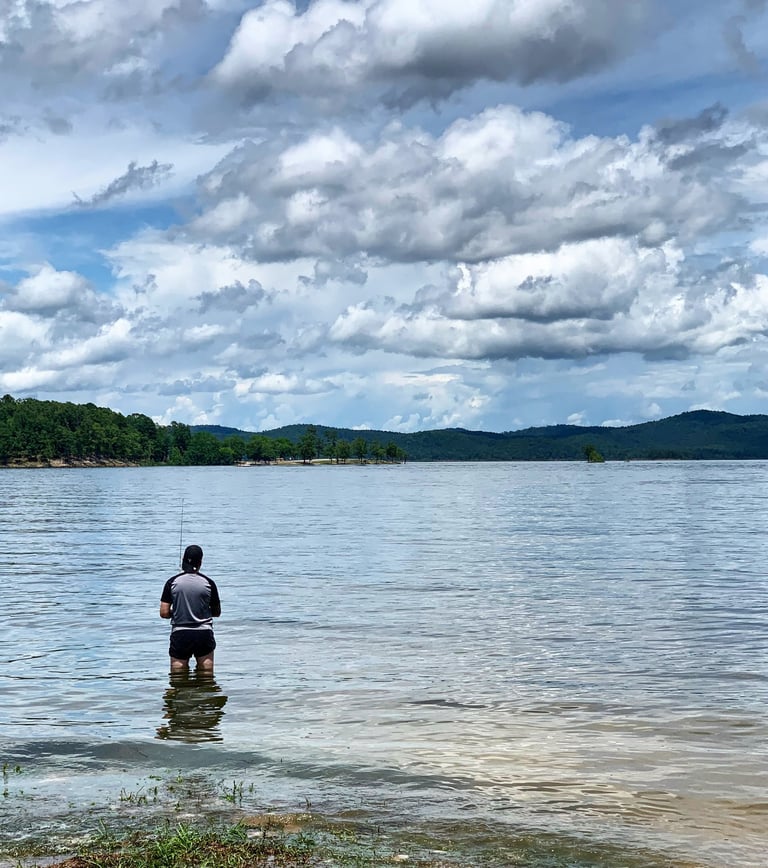 Founder fishing in a lake