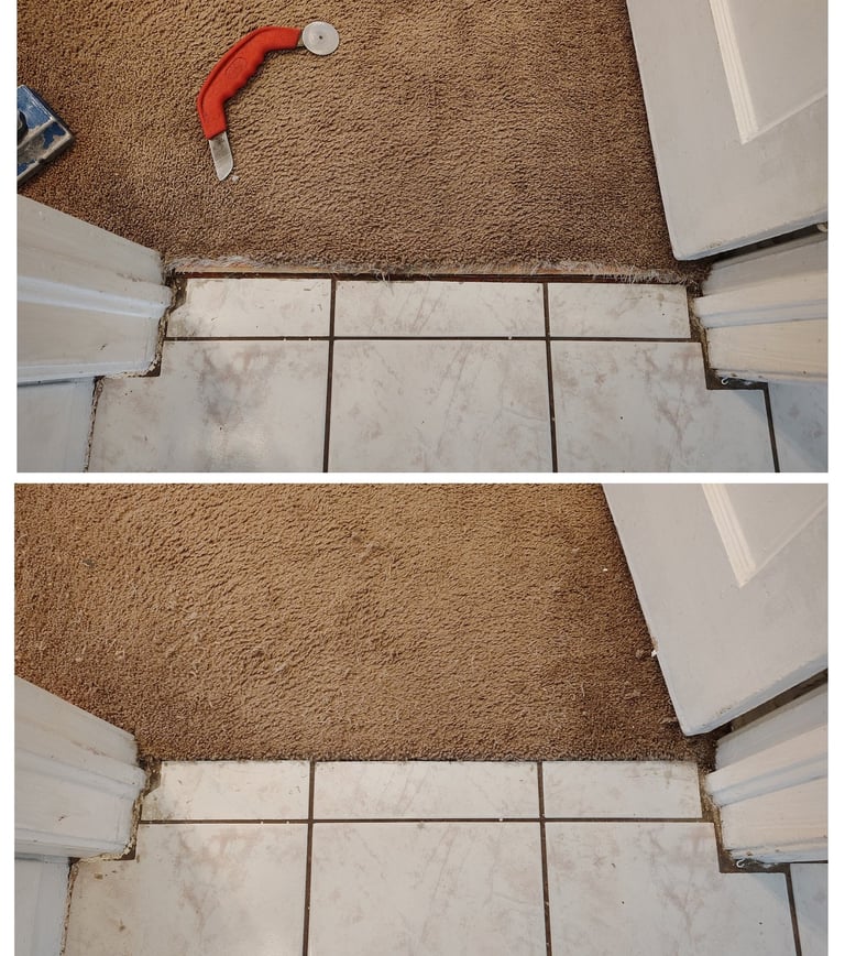 Frayed carpet in doorway is repaired to look great again by Flooring R&R in Heber City, UT.