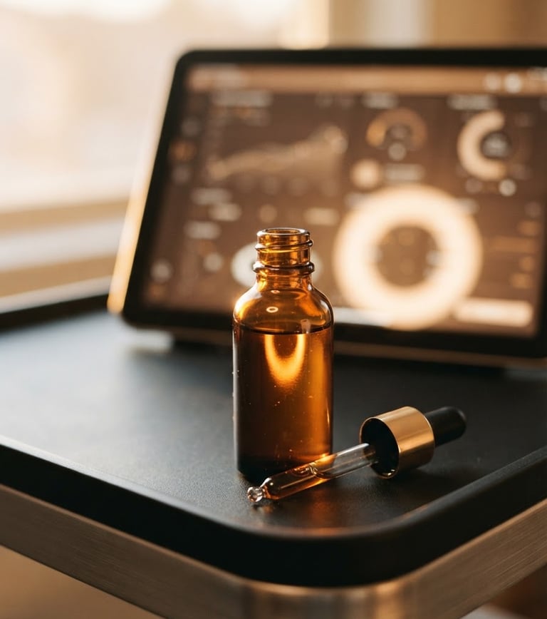Close-up of a clinical skincare diagnostic interface, a soft glowing ring light reflecting on a glass bottle of amber serum, warm editorial photography, 35mm.