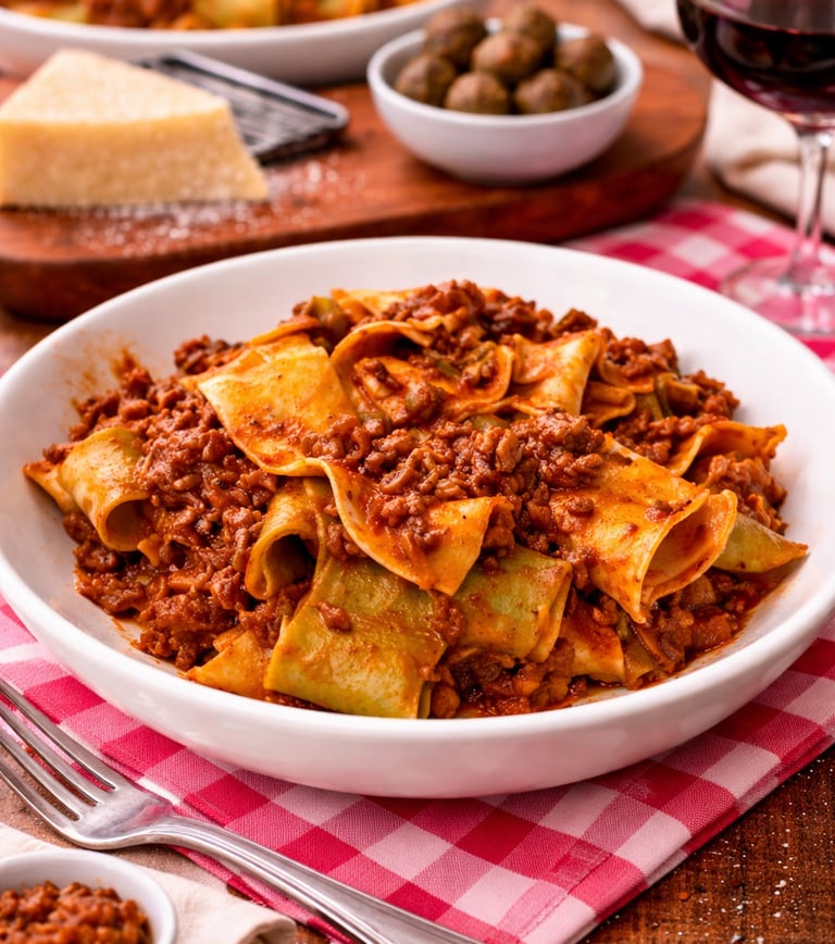 Pappardelle pasta with hearty beef bolognese sauce served in a white bowl on a red checkered napkin.