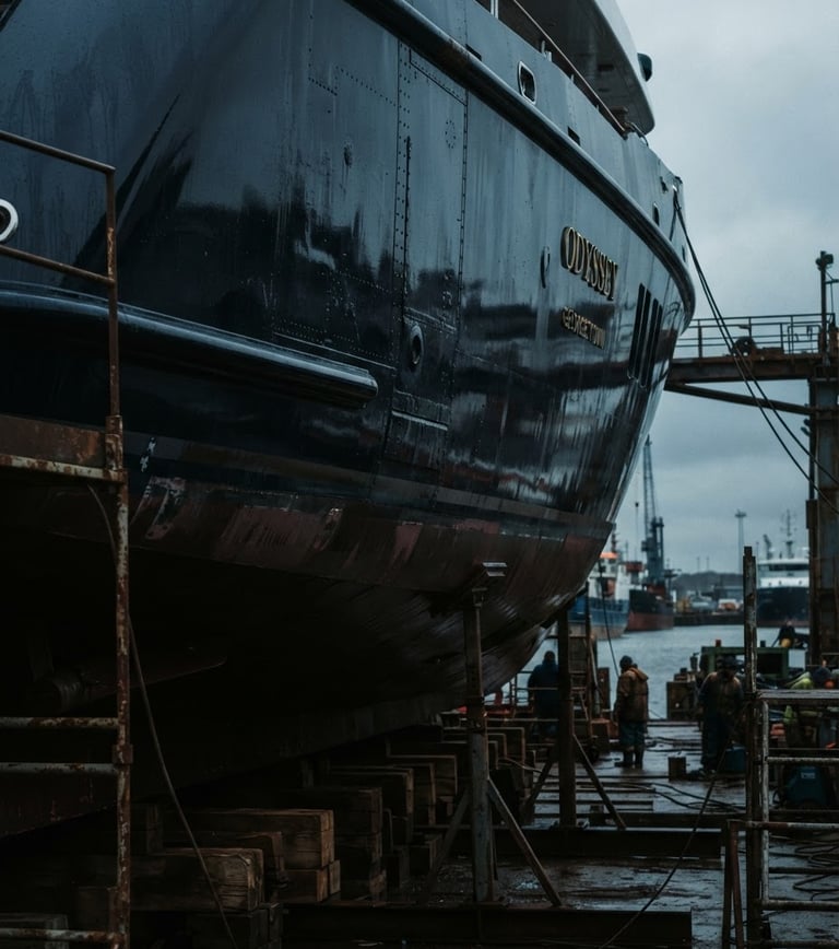 Low-key, dramatic photograph of a superyacht hull in dry dock, showing structural details and a dark, reflective surface, under cold overcast harbor light, 35mm film.