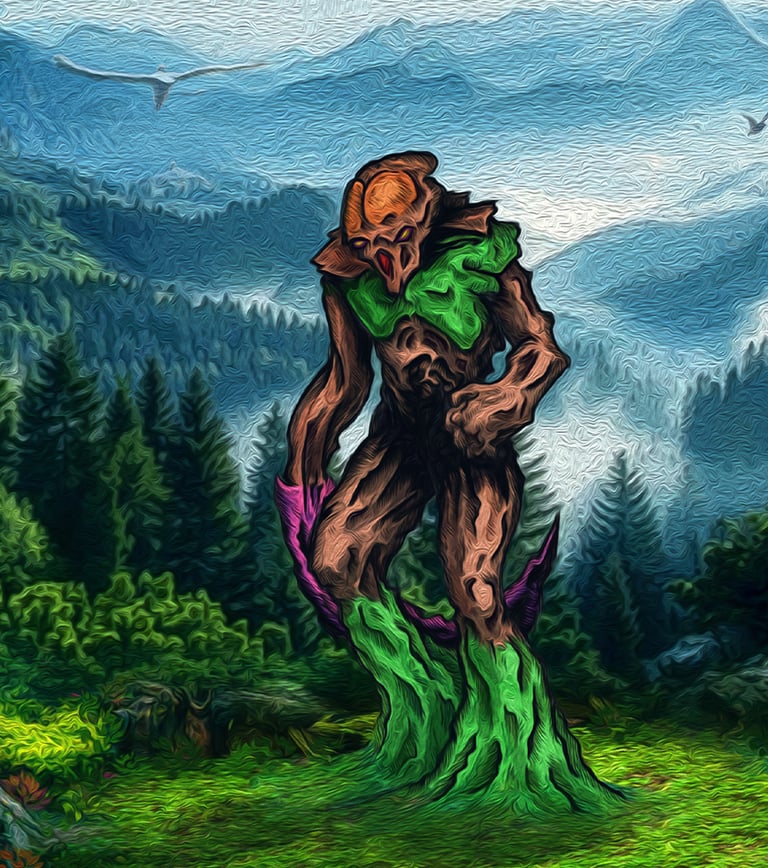 Acrylic style fantasy art of a giant tree monster standing in a misty forest mountain landscape.