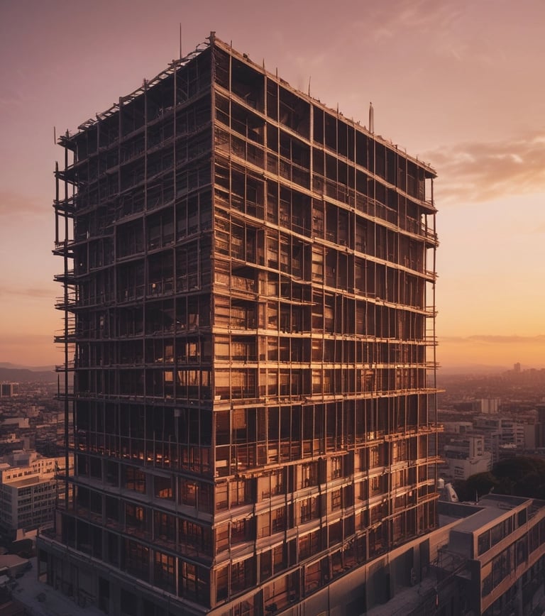 Modern city skyline with residential and commercial buildings under clear sky.