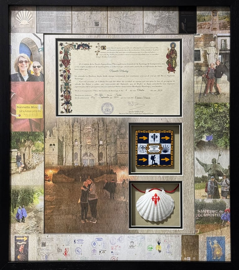 Framed Camino de Santiago pilgrimage collage with a certificate, scallop shell, and photos of hikers.