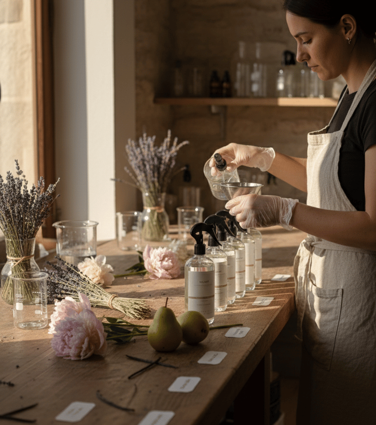 Artisan perfumer filling glass spray bottles with essential oils near lavender and pink peonies.
