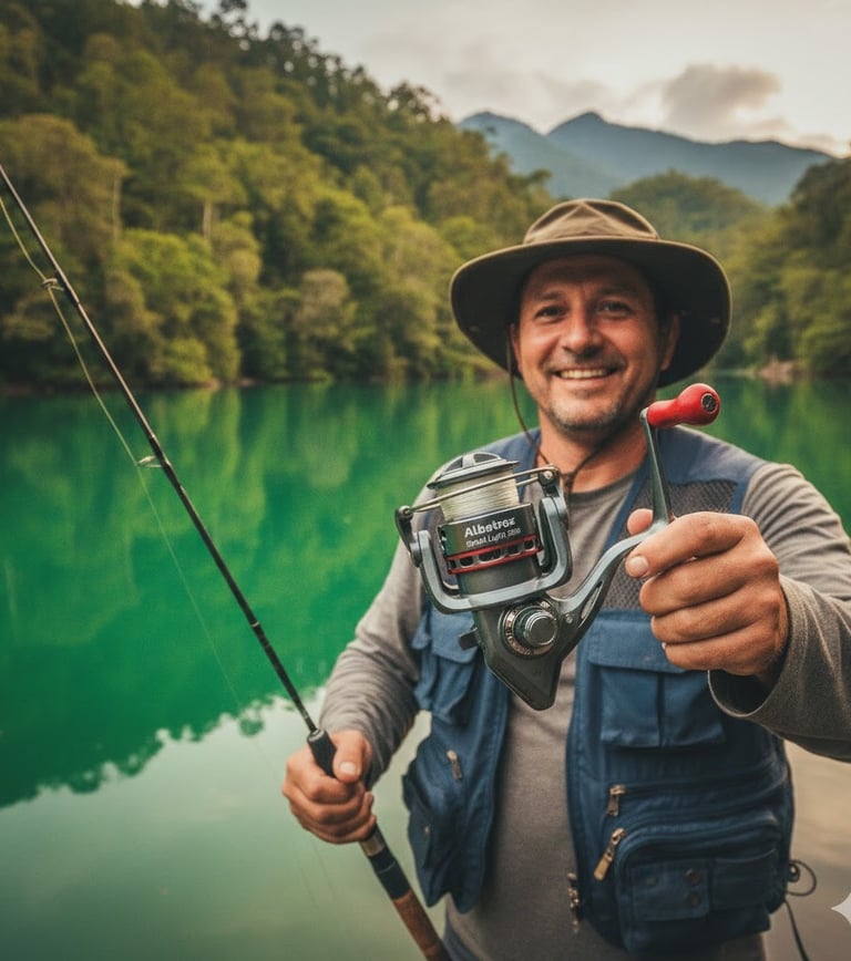 pescador de chapéu segurando molinete albatroz 500 melhor e mais leve
