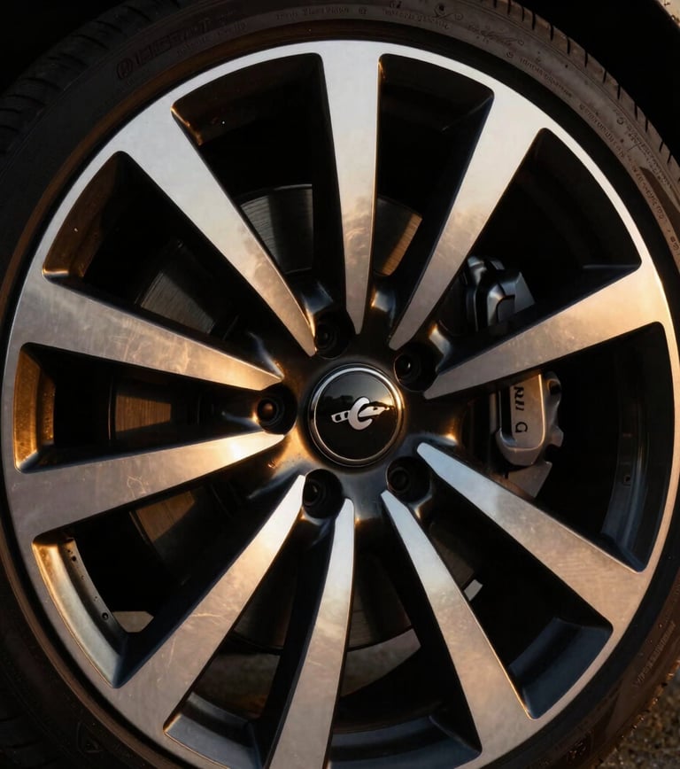 Close-up of a pristine, gleaming alloy wheel of a luxury SUV, reflecting golden-hour light, sharp focus, deep black and metallic gold tones