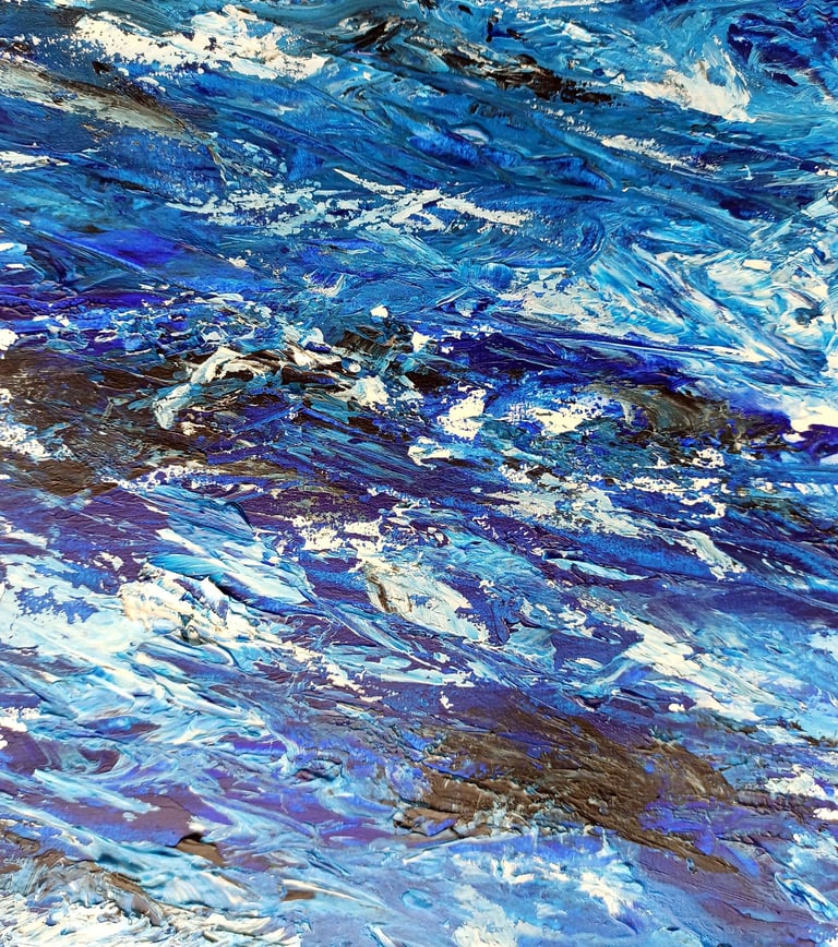 Abstract blue painting featuring thick impasto brushstrokes of dynamic cobalt and navy waves.