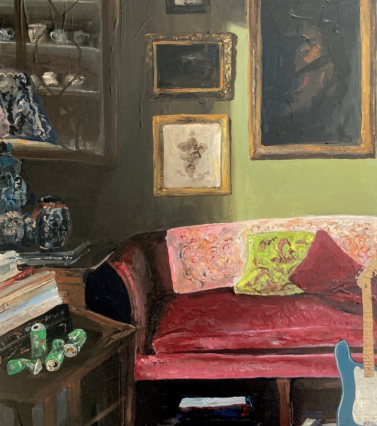 a painting of a couch with a guitar in the background