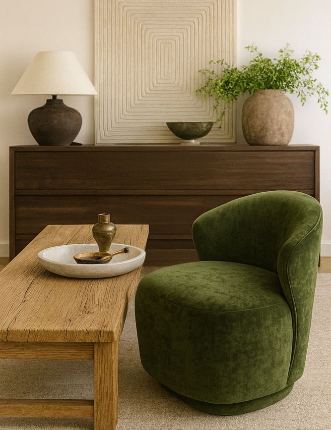 Green velvet accent chair in a warm organic modern living room with rustic coffee table by Solo Home Decor