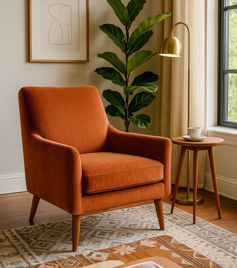 Rust-orange Mid-Century accent chair styled with lamp, art, and natural light