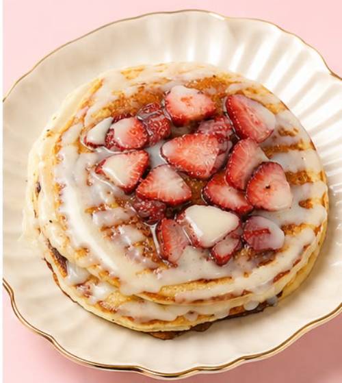 Una pila de esponjosas tortitas cubiertas con fresas frescas en rodajas y glaseado de crema dulce.