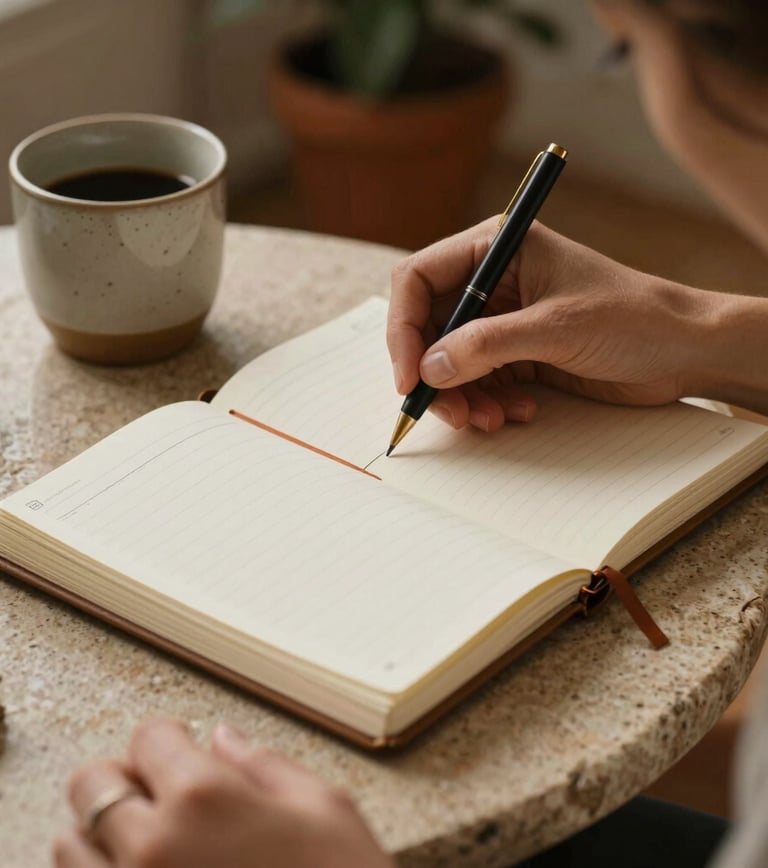 Close-up photography of a woman gently writing in an elegant planner next to a ceramic cup on a natural stone tablet in a cozy home in Spain / Latin America, warm grounding lighting.