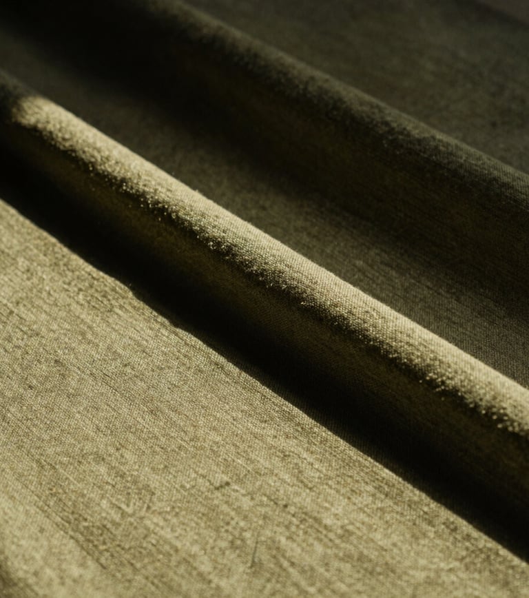 Close-up of structured olive-toned hemp fabric texture, sharp architectural folds, low-angle direct sunlight, dramatic shadows, 35mm film style.
