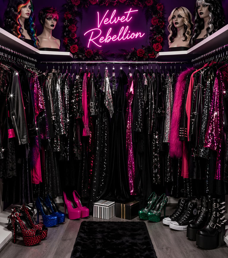 Alternative fashion walk-in closet featuring goth clothing, platform heels, and a neon Velvet Rebellion sign.