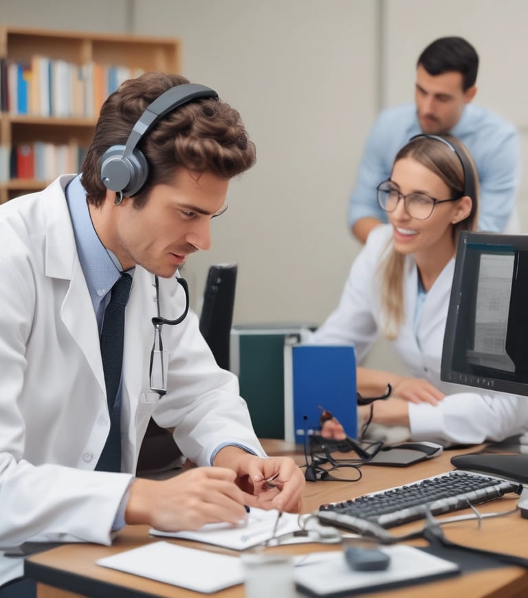 A diverse group of healthcare professionals engaged in a discussion about tinnitus treatment methods in a modern online setting.