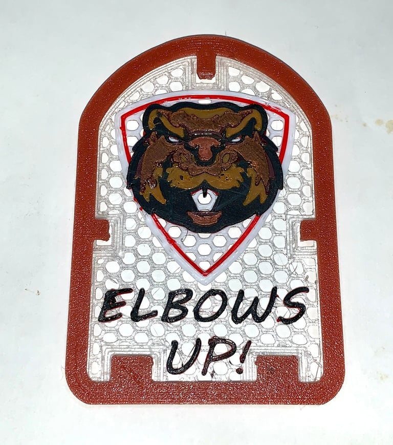 [breathe] mask decoration with a stern looking beaver head and the slogan "Elbows Up!" 
