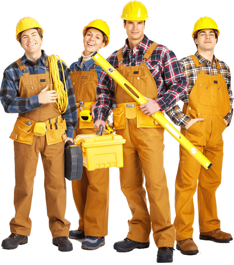 a group of men in overalls and hard hats