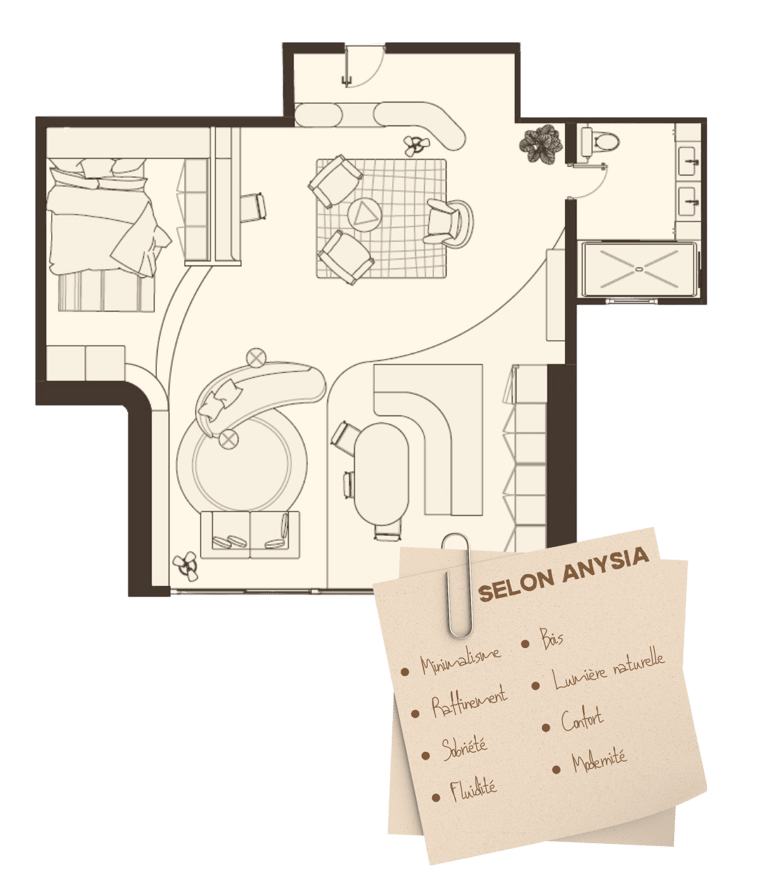 Plan d'un loft minimaliste, aux tons neutres et matériaux nobles