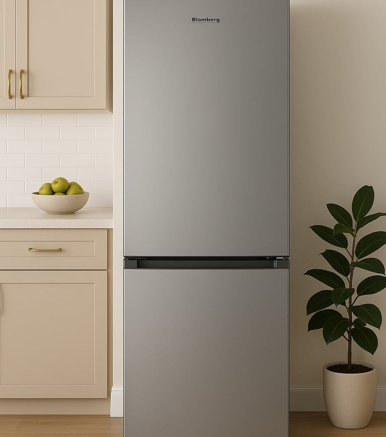 Blomberg stainless steel fridge in a beige kitchen with countertop and green apples.