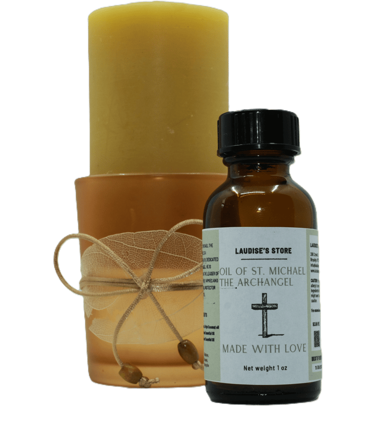 A 1-oz bottle of oil of St Michael the Archangel standing next to a beeswax candle