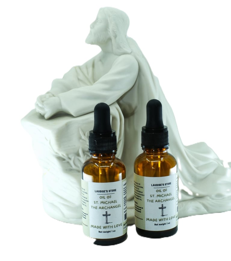Two bottles of oil of St Michael the Archangel, standing next to a statue of Jesus