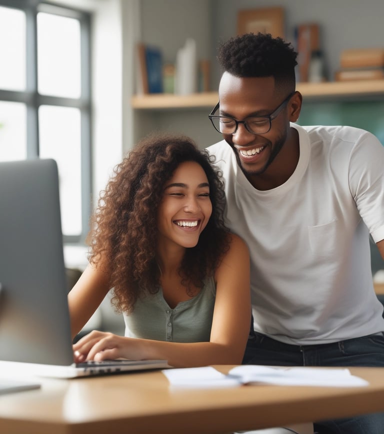 A calm, professional workspace with a laptop displaying credit score charts in blue and gray tones.